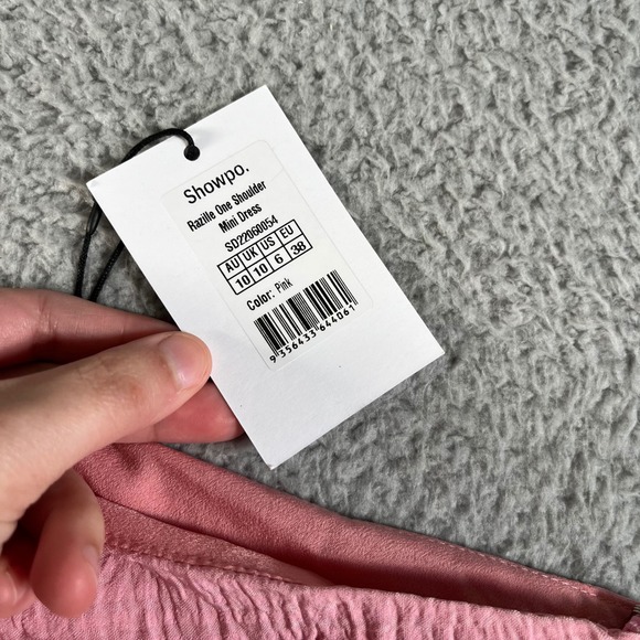Showpo NWT Razille One Shoulder Puff Sleeve Ruffle Hem Mini Dress Pink US 6 - Picture 3 of 11